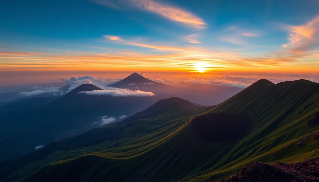 Majestic Mount Rinjani with lush slopes and volcanic crater during sunrise, showcasing natural beauty and geological features.