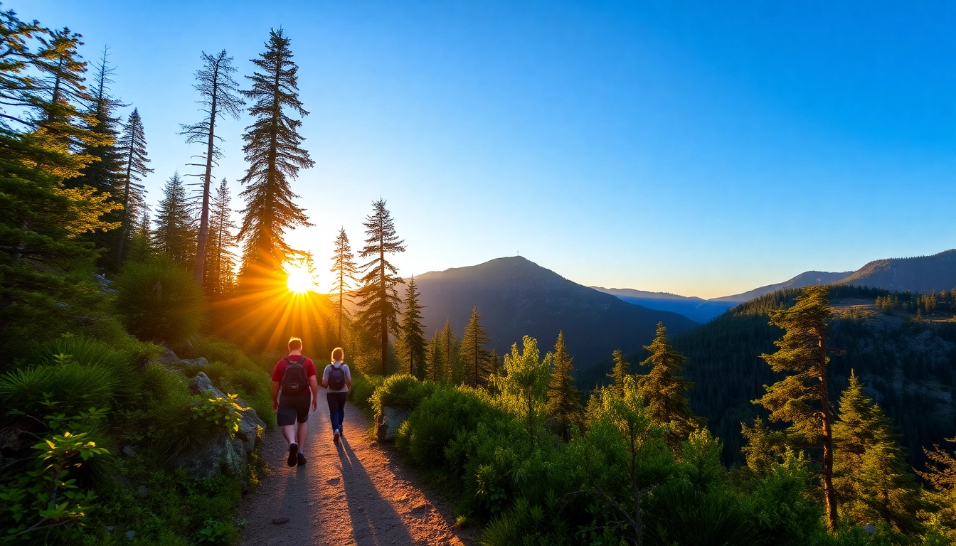 Hiking enthusiasts trekking through lush forest terrain on a sunny day, showcasing the beauty of outdoor hiking activities.