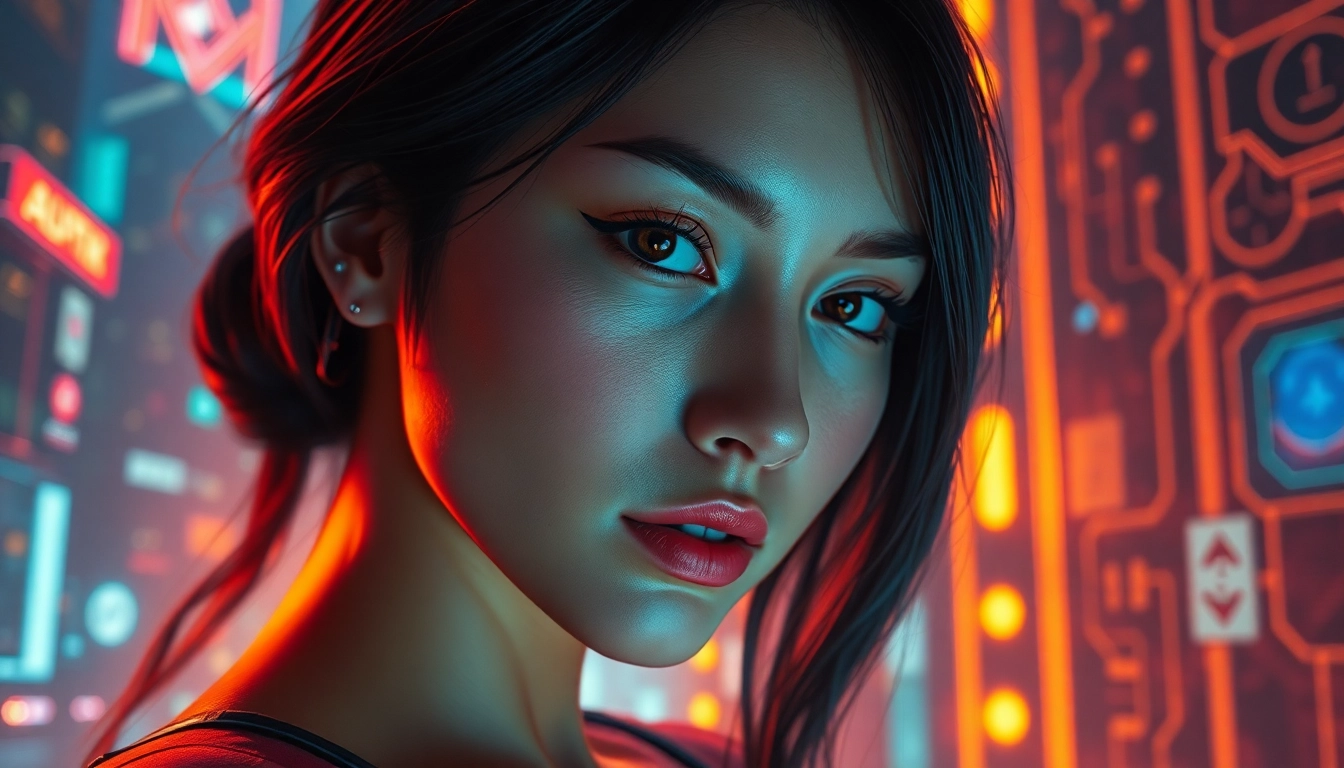 Close-up of a realistic AI character in a neon-lit digital environment, conveying intimacy and emotion.