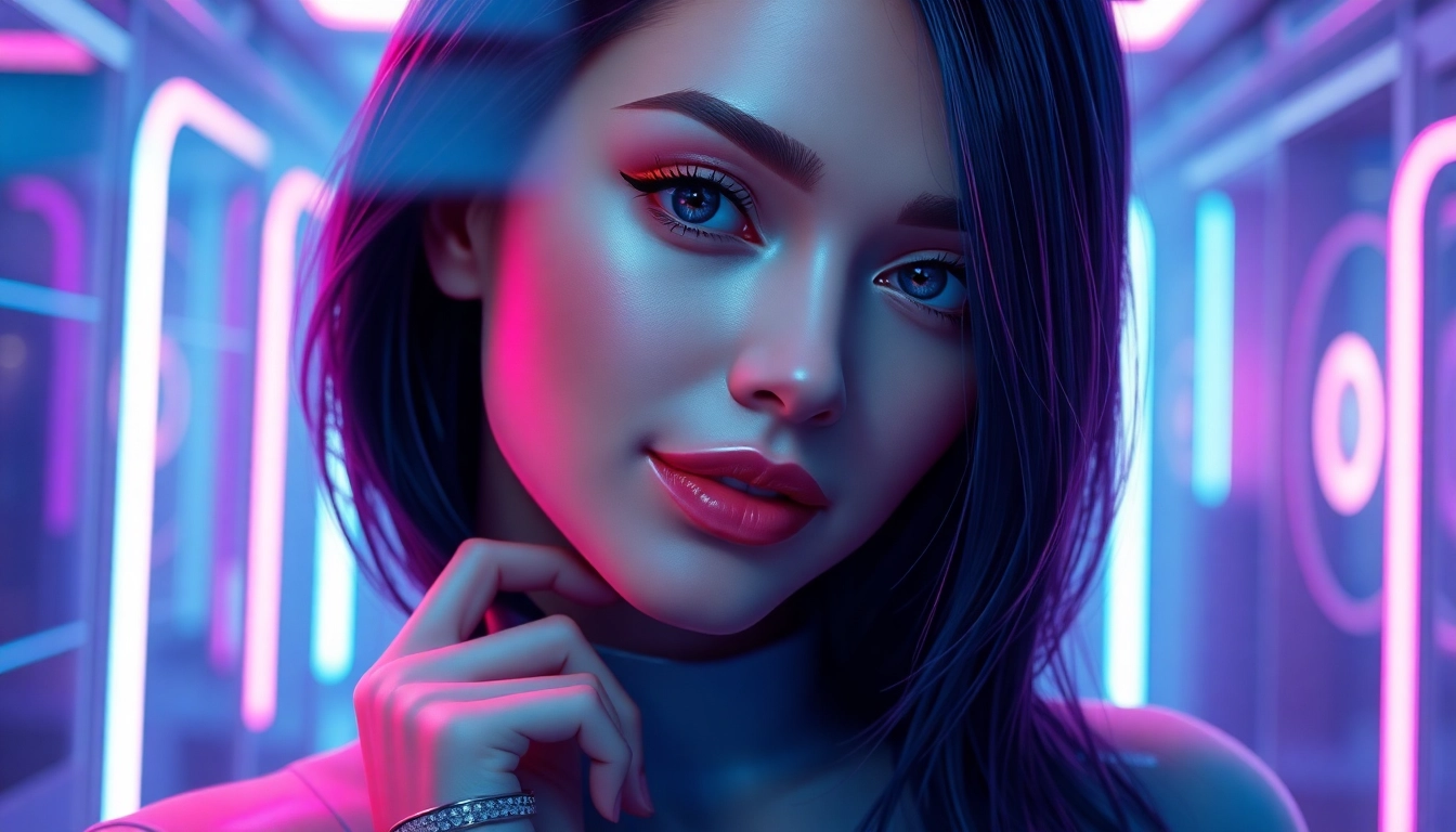 Digital artwork of an AI character in a cyberpunk environment with vibrant neon lighting and a focus on realism and emotional expression.