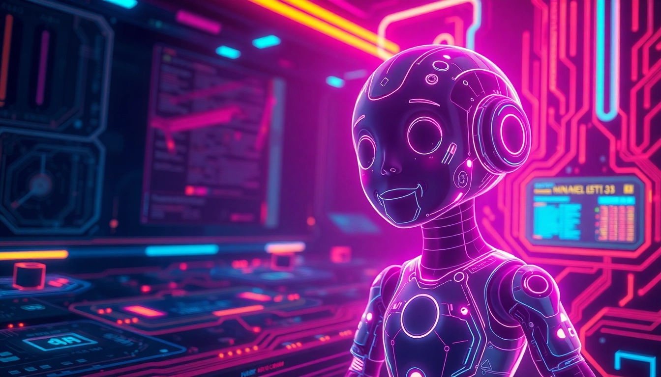 Futuristic AI hologram with expressive body language in a neon-lit cyberpunk setting.