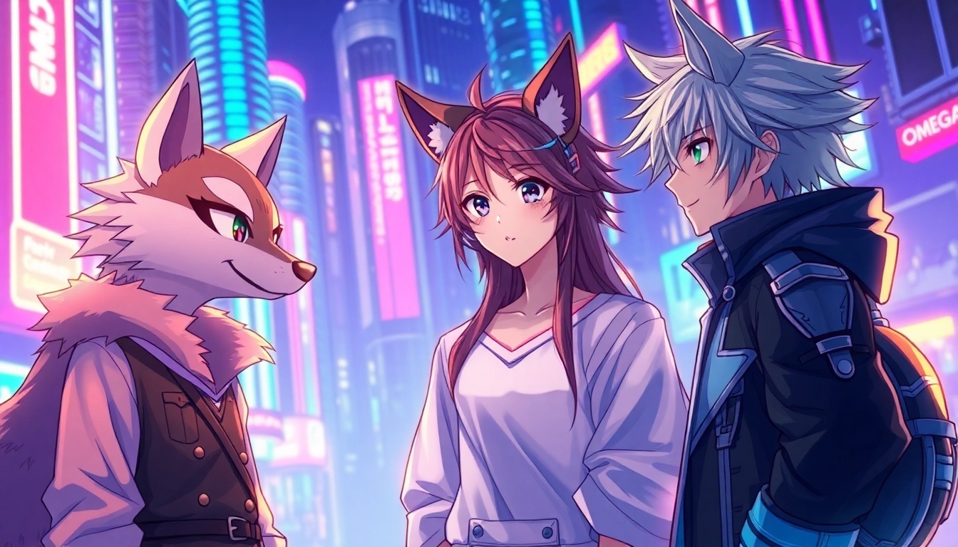 Anime-style characters engaged in a roleplay scene with a neon-lit city background, showcasing diversity and fantasy elements.