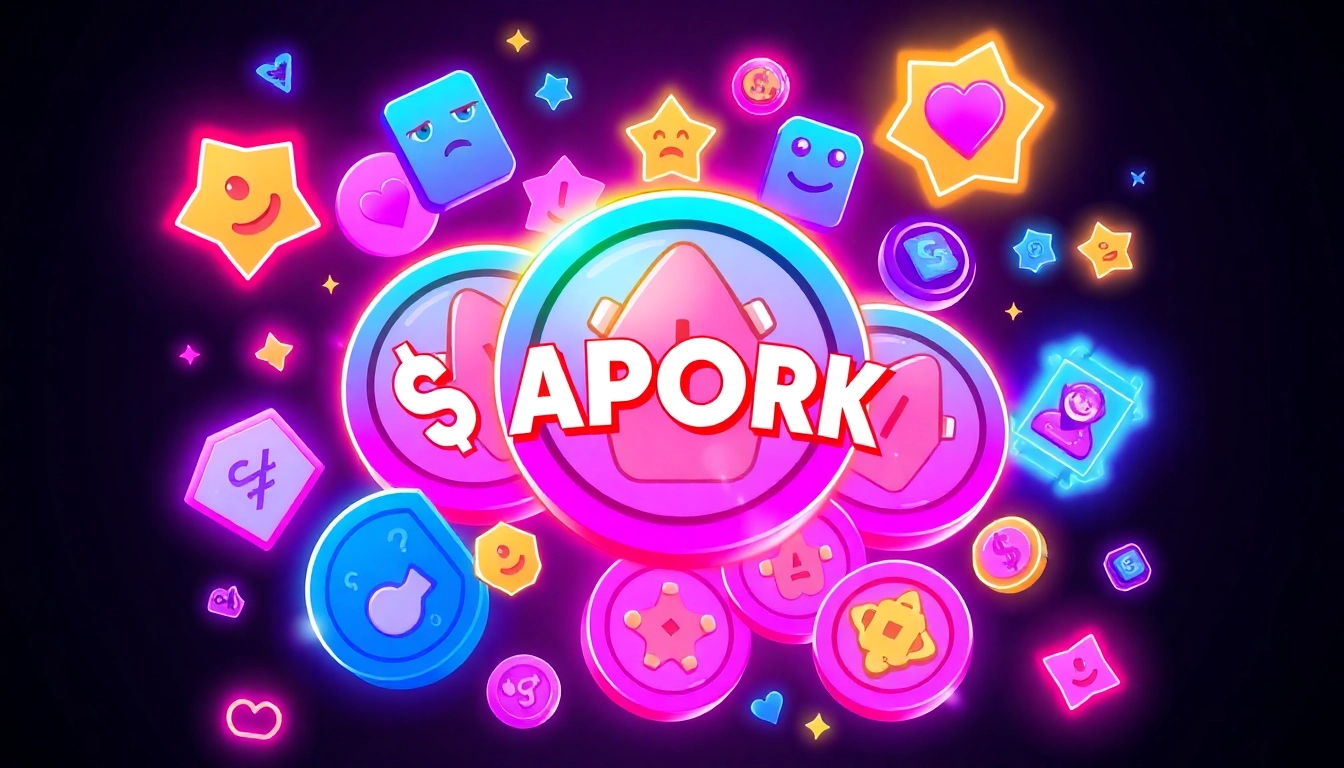 Dynamic scene showcasing APORK Tokens with meme coin graphics and GambleFi mini games